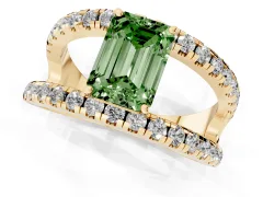 Fancy Green Emerald Cut Diamond Split Shank Pavé Solitaire Ring Set in Yellow gold with Open Shank Design