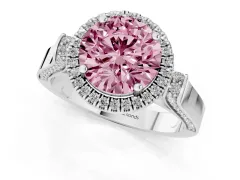 Fancy Pink Round Cut Diamond Halo Ring Set in Platinum with Pavé-Lined Split Shank Band