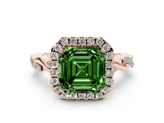 Fancy Green Asscher Cut Diamond Halo Twist Band Solitaire Ring Set in Rose gold with Prong Setting