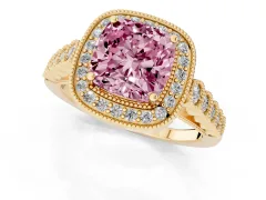 Fancy Pink Cushion Cut Diamond Milgrain Halo Solitaire Ring Set in Yellow gold with Bezel Set Side Stones and Pavé Band