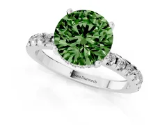 Fancy Green Round Cut Diamond Pavé Solitaire Ring Set in White gold with Round Band Accents and Prong Setting