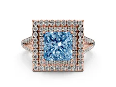 Fancy Blue Princess Cut Diamond Double Halo Ring Set in Rose gold with Pavé Band