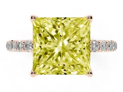 Fancy Yellow Princess Cut Diamond Solitaire Engagement Ring Set in Rose gold with Round Pavé Band and Prong Setting