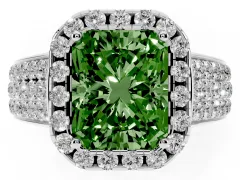 Fancy Green Radiant Cut Diamond Halo Ring Set in White gold with Pavé Band and Raised Center Setting
