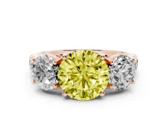 Fancy Yellow Round Cut Diamond Three-Stone Ring Set in Rose gold with Pavé Band