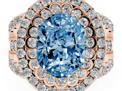 Fancy Blue Oval Cut Diamond Double Halo Ring Set in Rose gold with Round Pavé Split Shank