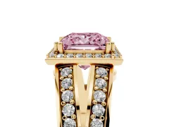Fancy Pink Princess Cut Diamond Halo Ring Set in Yellow gold with Double Pavé Split Shank