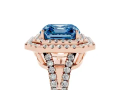 Fancy Blue Asscher Cut Diamond Double Halo Ring Set in Rose gold with Pavé Band