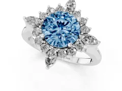 Fancy Blue Round Cut Diamond Cluster Halo Ring Set in Silver with Marquise and Round Accents