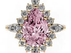 Fancy Pink Pear Cut Diamond Cluster Halo Ring Set in Yellow gold with Marquise and Round Accents