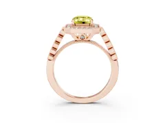 Fancy Yellow Emerald Cut Diamond Milgrain Halo Solitaire Ring Set in Rose gold with Bezel Set Side Stones and Pavé Band