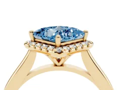 Fancy Blue Princess Cut Diamond Halo Engagement Ring Set in Yellow gold with Pavé Band and Rising Shoulders