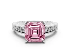 Fancy Pink Asscher Cut Diamond Solitaire Pavé Milgrain Engagement Ring Set in Platinum with Prong Setting