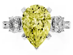 Fancy Yellow Pear Cut Diamond Three-Stone Ring Set in Platinum with Pavé Band and Smaller Side Stones