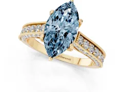 Fancy Blue Marquise Cut Diamond Solitaire Ring Set in Yellow gold with Milgrain-Edged Pavé Band and Prong Setting