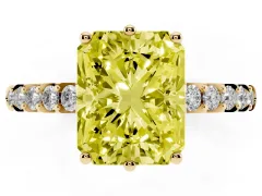 Fancy Yellow Radiant Cut Diamond Solitaire Engagement Ring Set in Yellow gold with Pavé Band and Prong Setting