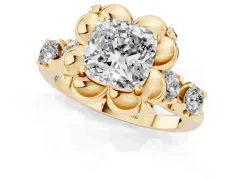 Cushion Cut Diamond Floral Halo Ring Set in Yellow gold with Shared Prong Band