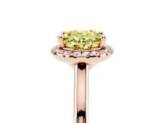 Fancy Yellow Oval Cut Diamond Halo Engagement Ring Set in Rose gold with Pavé Band and Rising Shoulders
