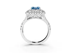 Fancy Blue Asscher Cut Diamond Double Halo Ring Set in White gold with Pavé Split Shank and Prong Setting