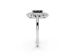 Fancy Black Emerald Cut Diamond Floral Double Halo Ring Set in White gold with Round Petals
