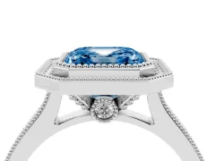 Fancy Blue Asscher Cut Diamond Halo Milgrain Pavé Band Ring Set in Silver with Prong Setting