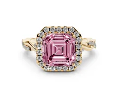 Fancy Pink Asscher Cut Diamond Halo Twist Band Solitaire Ring Set in Yellow gold with Prong Setting