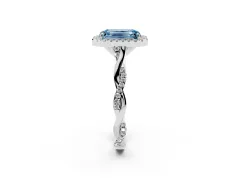 Fancy Blue Emerald Cut Diamond Halo Twist Band Solitaire Ring Set in Silver with Prong Setting