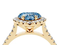 Fancy Blue Heart Cut Diamond Cushion Halo Ring Set in Yellow gold with Pavé Band
