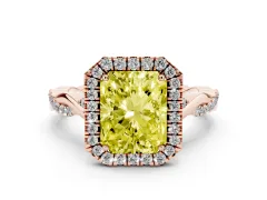 Fancy Yellow Radiant Cut Diamond Halo Twist Band Solitaire Ring Set in Rose gold with Prong Setting