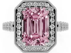 Fancy Pink Emerald Cut Diamond Milgrain Halo Solitaire Ring Set in White gold with Bezel Set Side Stones and Pavé Band