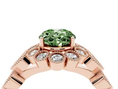 Fancy Green Oval Cut Diamond Solitaire Ring Set in Rose gold with Milgrain Pavé Heart Band