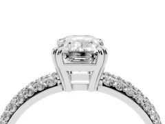 Emerald Cut Diamond Solitaire Ring Set in White gold with Multi-Row Round Pavé Band and Prong Setting