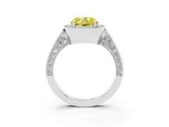 Fancy Yellow Round Cut Diamond Halo Engagement Ring Set in White gold with Accent Split Shank Band