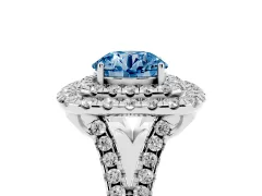 Fancy Blue Round Cut Diamond Double Halo Ring Set in White gold with Pavé Split Shank and Prong Setting
