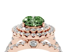 Fancy Green Oval Cut Diamond Double Halo Ring Set in Rose gold with Round Pavé Split Shank