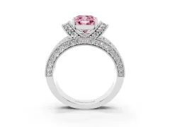 Fancy Pink Cushion Cut Diamond Milgrain Halo Pavé Engagement Ring Set in Silver with Prong Setting