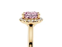 Fancy Pink Oval Cut Diamond Halo Engagement Ring Set in Yellow gold with Pavé Band and Rising Shoulders
