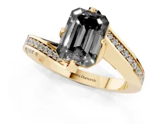 Fancy Black Emerald Cut Diamond Solitaire Ring Set in Yellow gold with Intertwined Pavé Twist Band