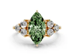 Fancy Green Marquise Cut Diamond Solitaire Ring Set in Yellow gold with Cluster Accents on Each Side