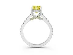 Fancy Yellow Cushion Cut Diamond Solitaire Ring Set in White gold with Brilliant Pavé Band and Prong Setting
