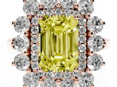 Fancy Yellow Emerald Cut Diamond Floral Double Halo Ring Set in Rose gold with Round Petals