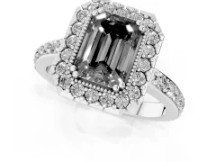 Fancy Black Emerald Cut Diamond Halo Ring Set in Platinum with Pavé Shank and Prong Setting