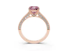 Fancy Pink Princess Cut Diamond Solitaire Ring Set in Rose gold with Milgrain-Edged Pavé Band and Prong Setting