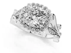 Cushion Cut Diamond Halo Ring Set in Silver with Leaf Motif Split Shank and Prong Setting