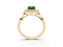 Fancy Green Radiant Cut Diamond Halo Engagement Ring Set in Yellow gold with Twisted Band and Prong Setting