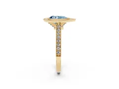 Fancy Blue Pear Cut Diamond Halo Milgrain Pavé Band Ring Set in Yellow gold with Prong Setting
