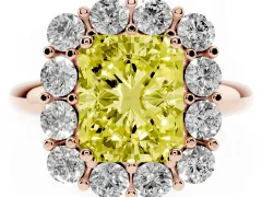 Fancy Yellow Radiant Cut Diamond Halo Cluster Engagement Ring Set in Rose gold with Polished Band and Prong Setting