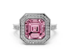 Fancy Pink Asscher Cut Diamond Halo Milgrain Pavé Band Ring Set in Silver with Prong Setting