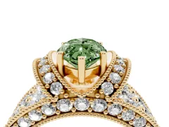 Fancy Green Marquise Cut Diamond Milgrain Halo Pavé Engagement Ring Set in Yellow gold with Prong Setting