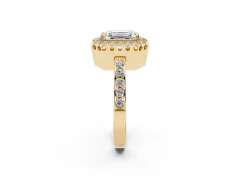Emerald Cut Diamond Halo Ring Set in Yellow gold with Pavé Shank and Prong Setting